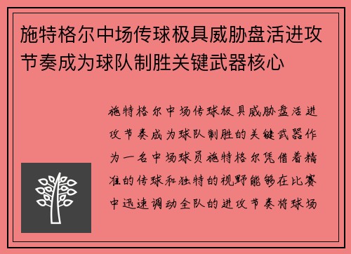 施特格尔中场传球极具威胁盘活进攻节奏成为球队制胜关键武器核心